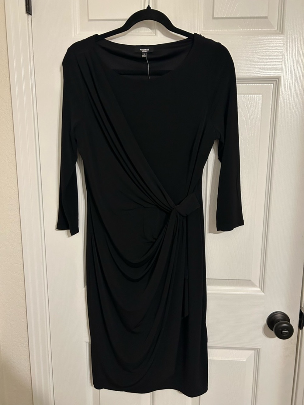Premise Dresses Womens Black Faux Wrap Sheath Dress 3/4 Sleeve Ruched PD700010 M